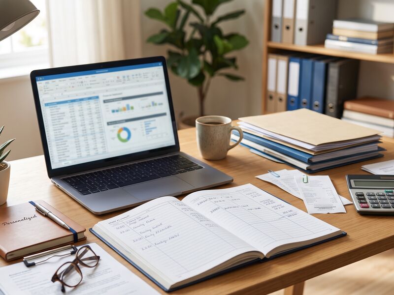 Bookkeeper's desk with a laptop showing financial reports, a ledger, receipts and a calculator